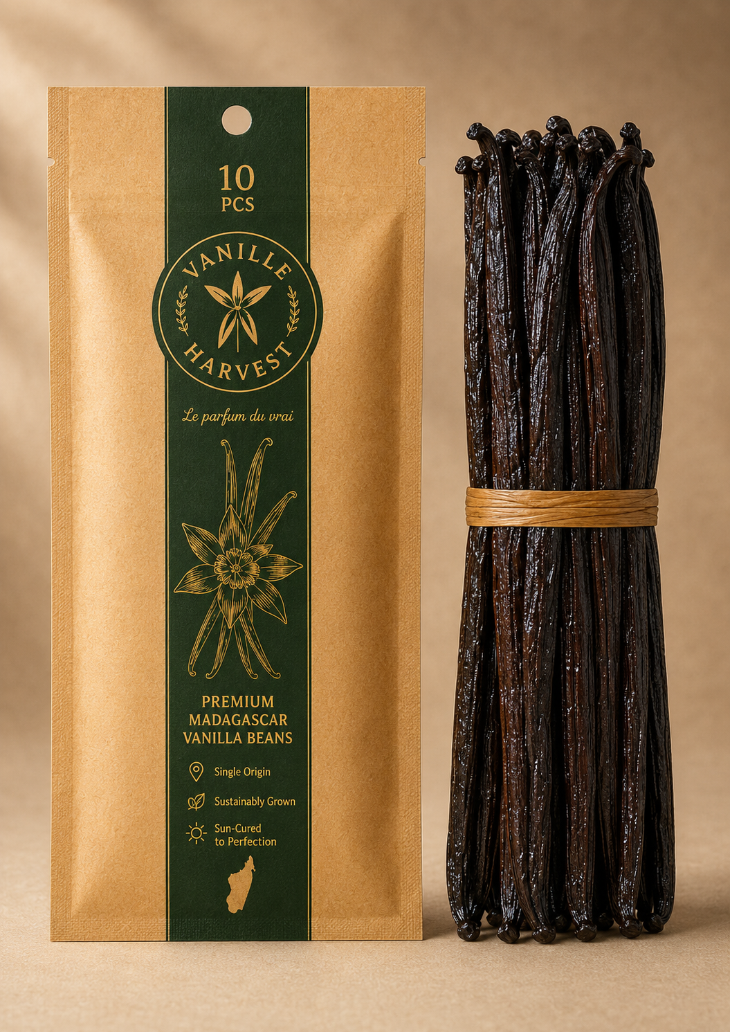     Madagascar Gourmet Bourbon Vanilla Beans – 13 cm – Kraft Bag of 10 Beans